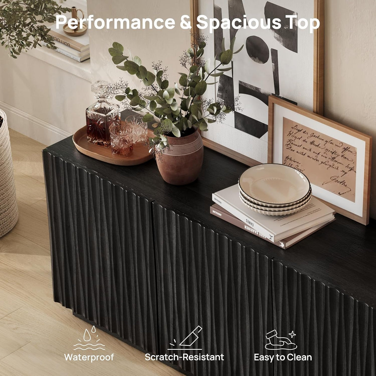 Minimalist Matte Black Fluted Mid Century Sideboard