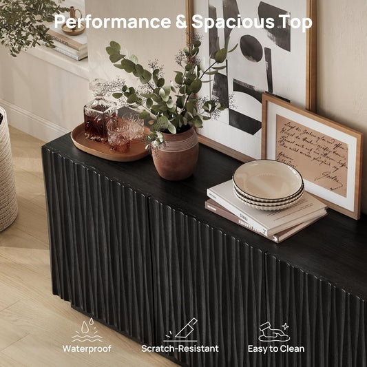 Minimalist Matte Black Fluted Mid Century Sideboard