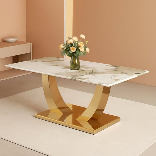 71 Inch Faux Marble Dining Table Tempered Glass Top