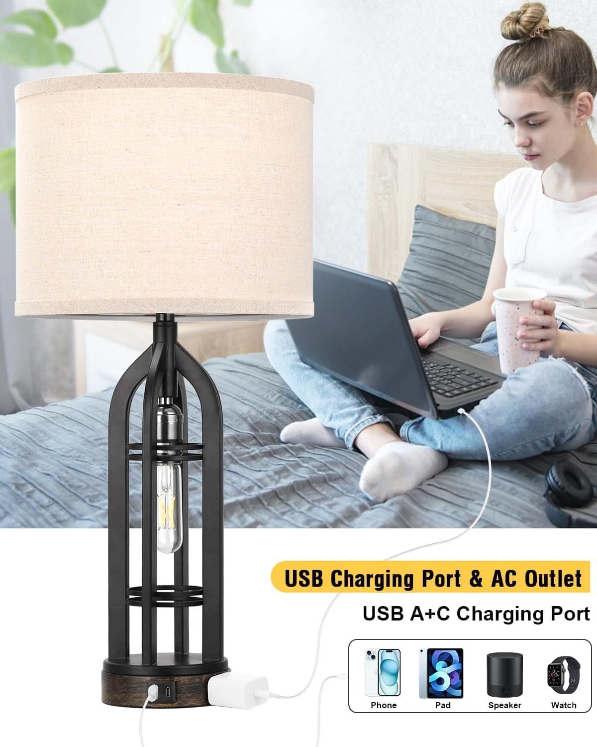 Obsidian Living Room Table Lamp Three Way Dimmable USB Outlet-2