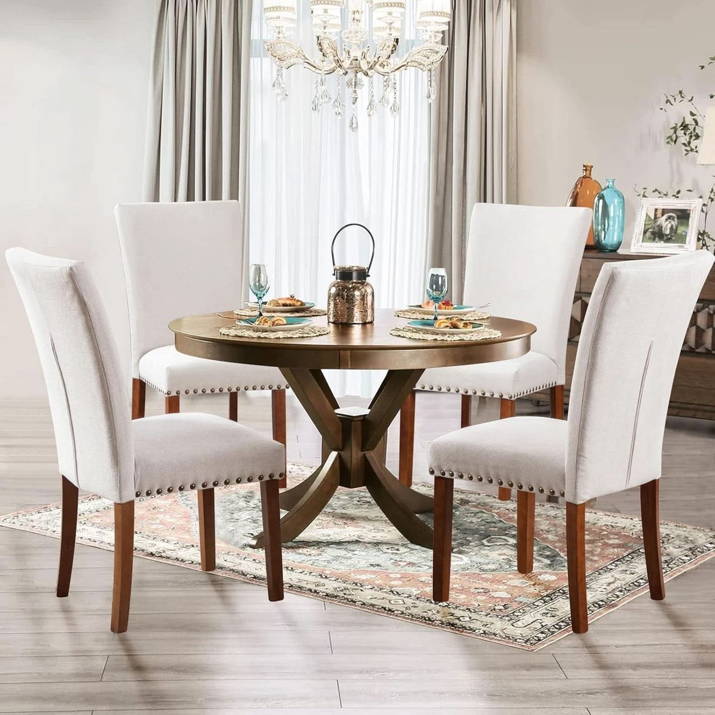 Parsons Dining Chairs Beige Upholstered Nailhead Set of 4
