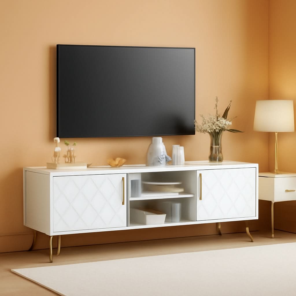 White Solid Wood TV Stand 60Inch Entertainment Center