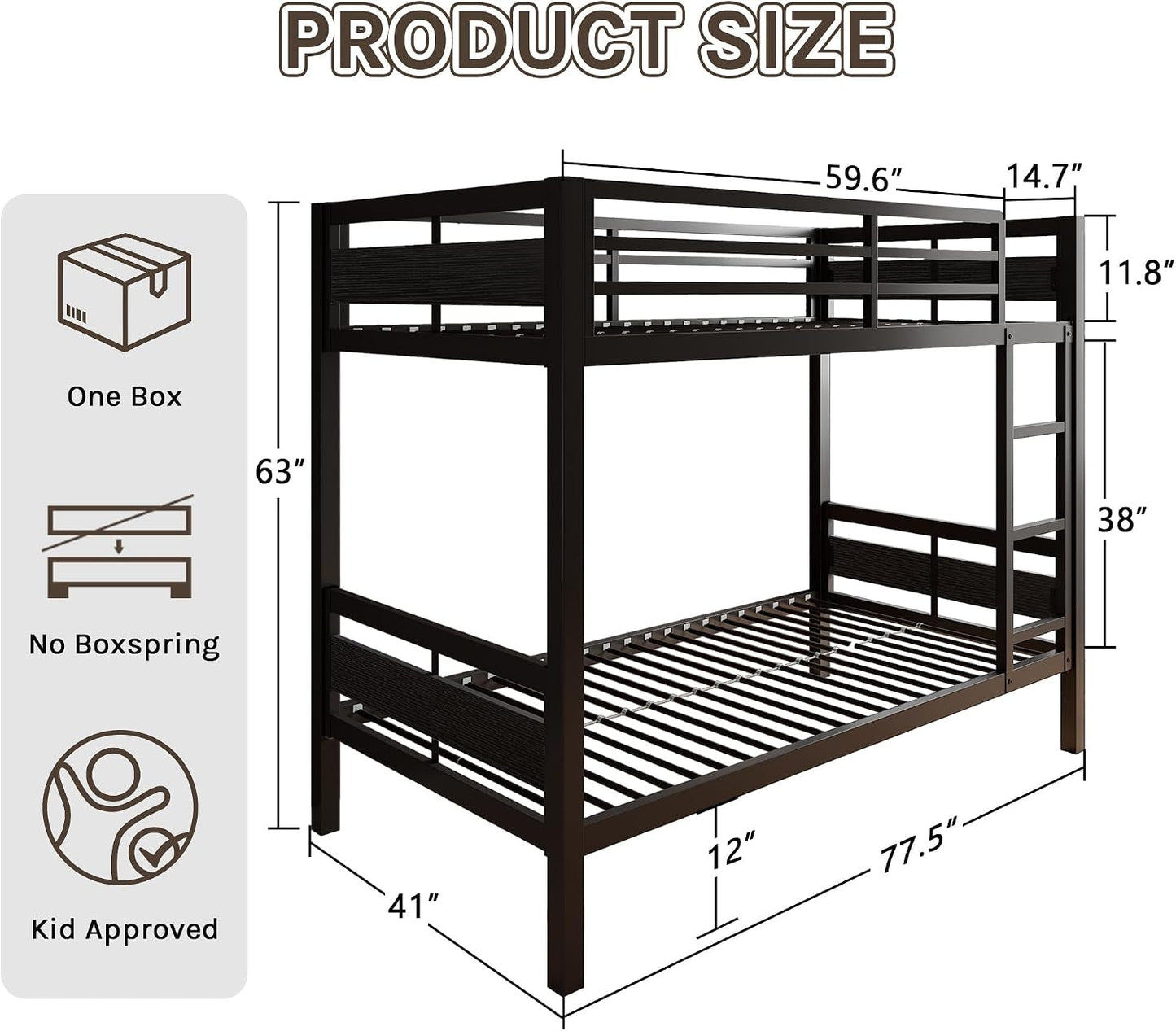 Twin Over Twin Industrial Grade Steel Bunk Bed Black Finish