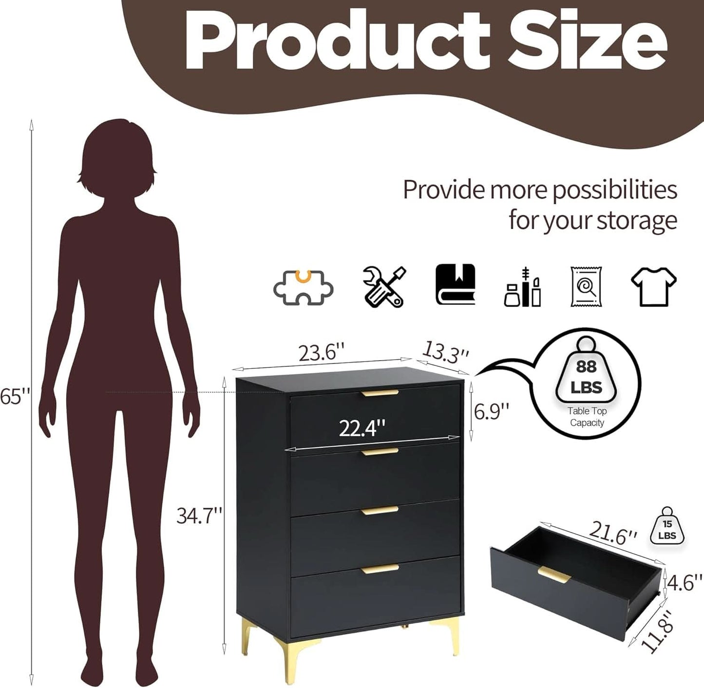 4 Drawer Black Wood Dresser For Bedroom Living Room-1