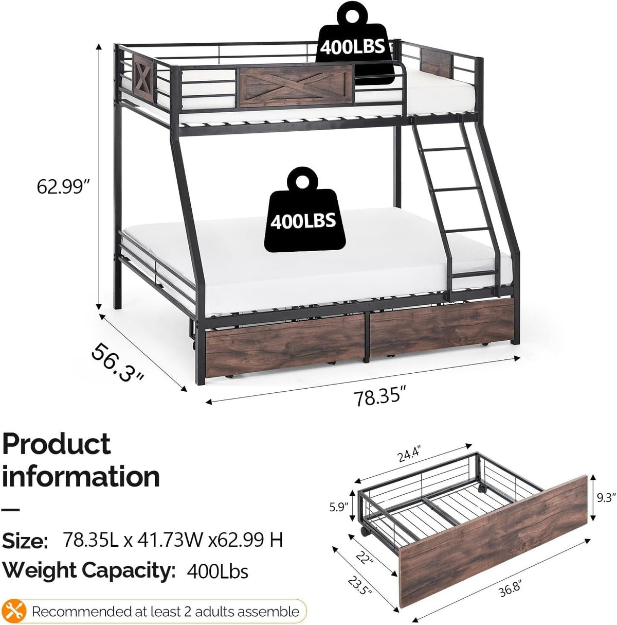 Powder Coated Stainless Steel Twin Over Full Bunk Bed Drawers