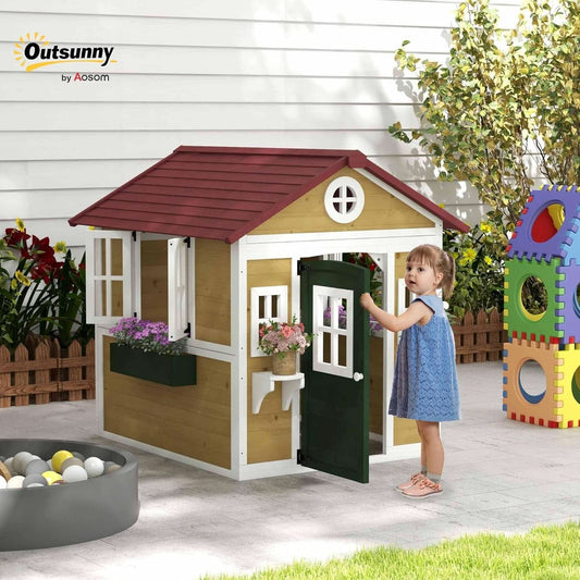 Beige Wooden Outdoor Playhouse With Expansive Windows