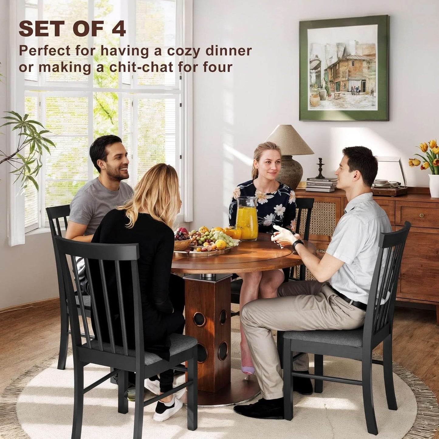 Solid Rubber Wood Dining Chairs Sets Of 4 Black Upholstered