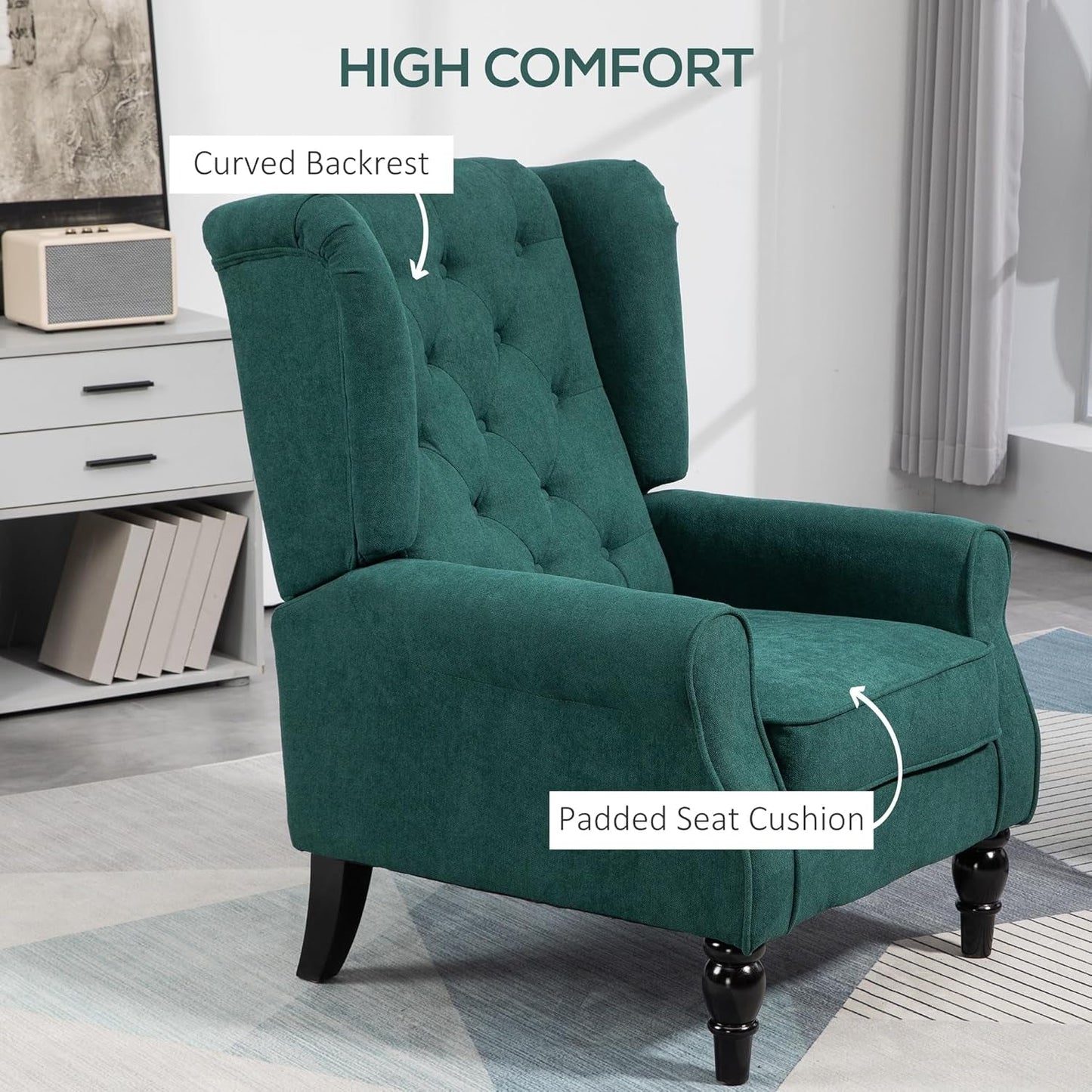 Dark Green Wingback Accent Chair Tufted Upholstery