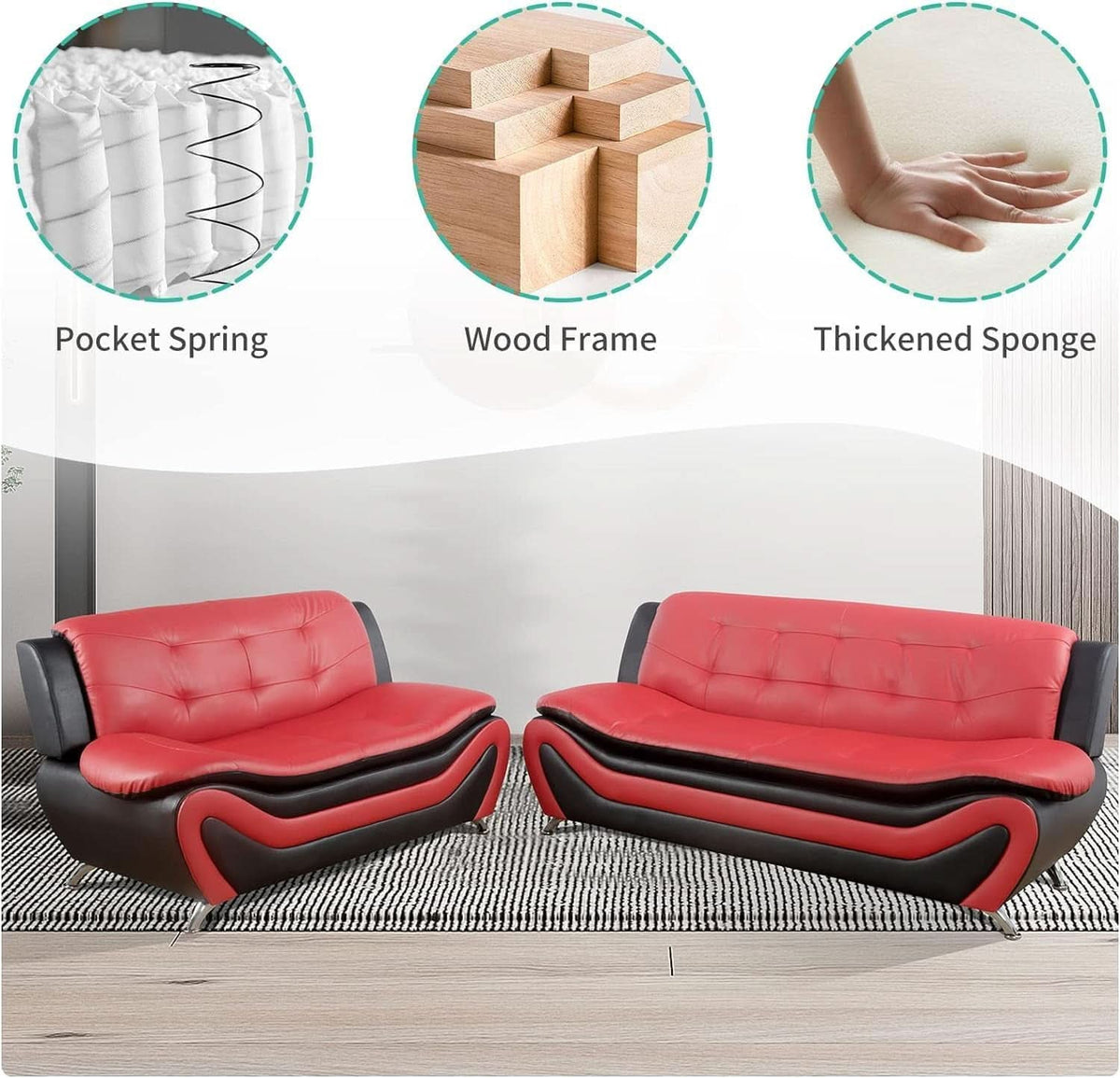 Faux Leather Living Room Sofa Set Red Black Loveseat