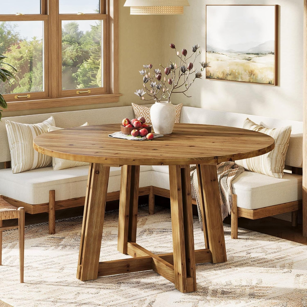 Round Hardwood Dining Tabletop Rustic Brown Finish