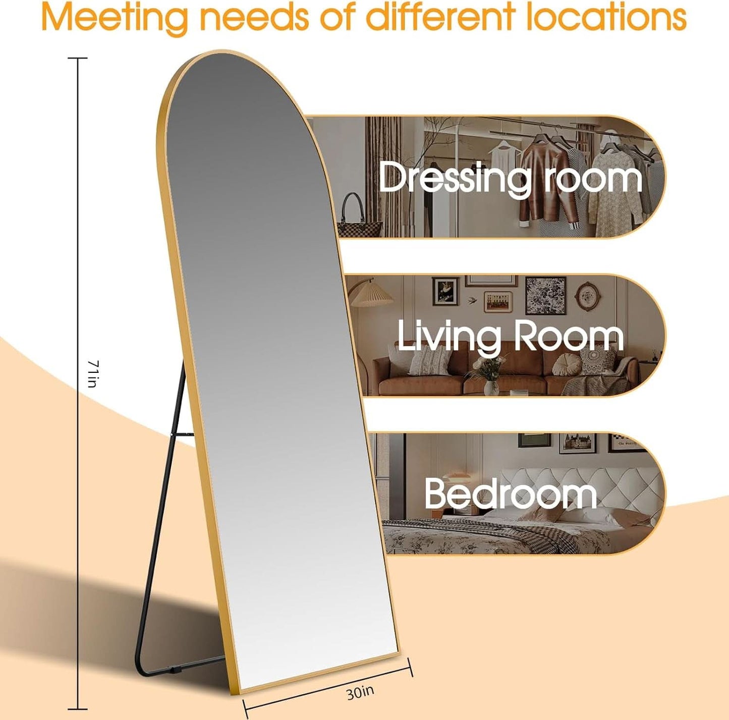 71x30Inch Arched Floor standing Mirror Goldtone Finish
