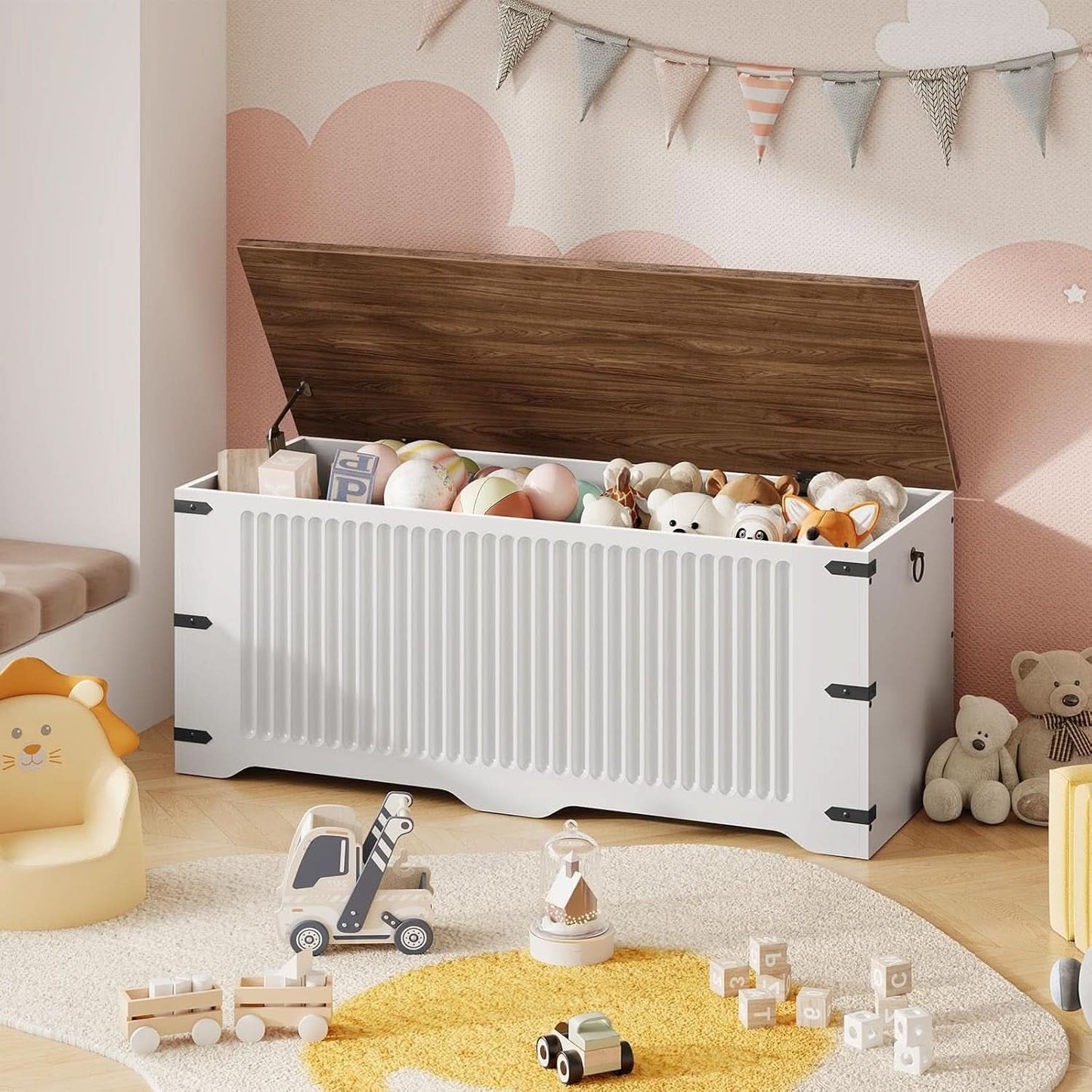 Spacious Storage Bench Toy Chest Walnut Safety Hinge