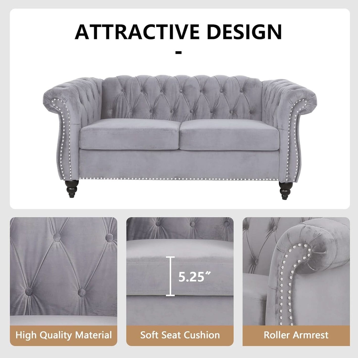 3 Piece Velvet Living Room Set Sectional Chesterfield Sofa Upholstered Loveseat And Chair