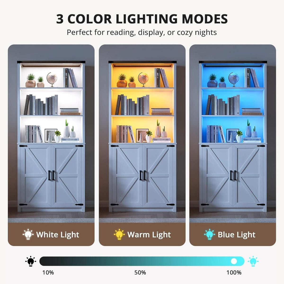 White Five Tier Bookcase Unit With Doors LED Lighting-3