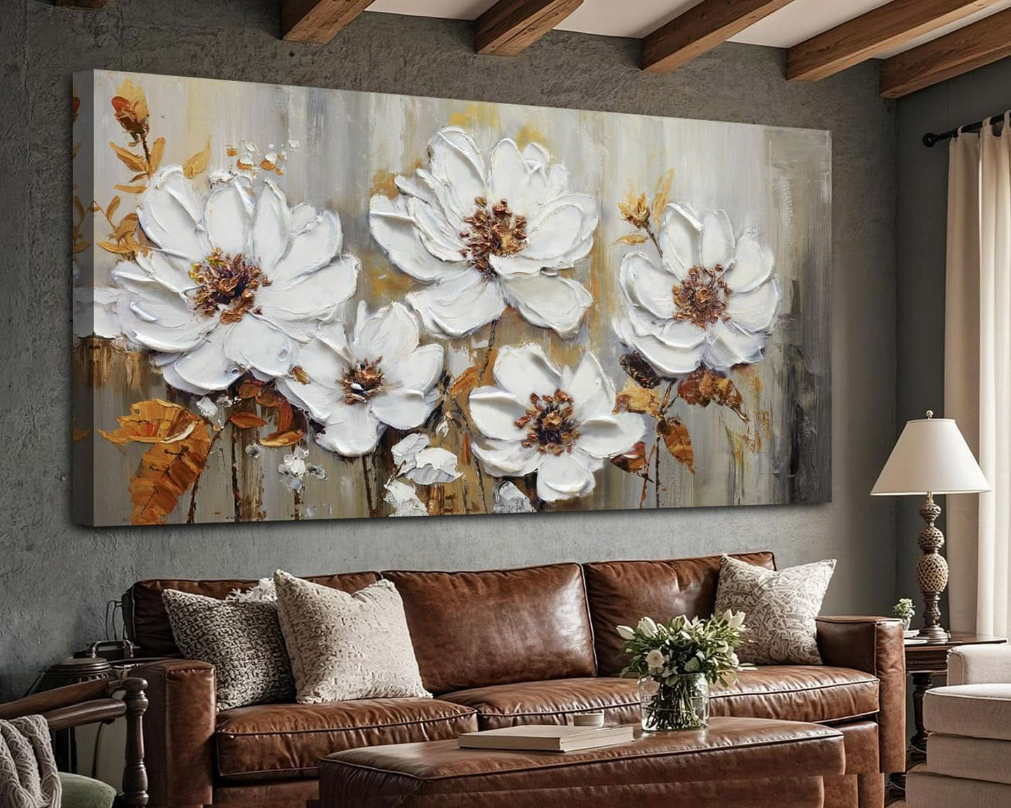 Premium Canvas Textured Floral Wall Art 58x29 Inches