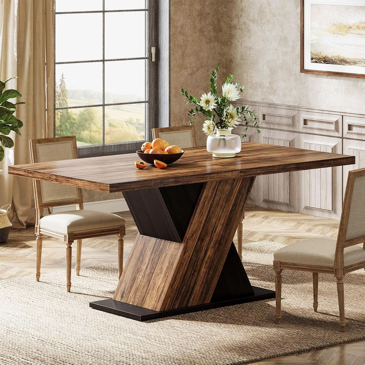 55 Inch Rustic Brown Farmhouse Dining Table For Four