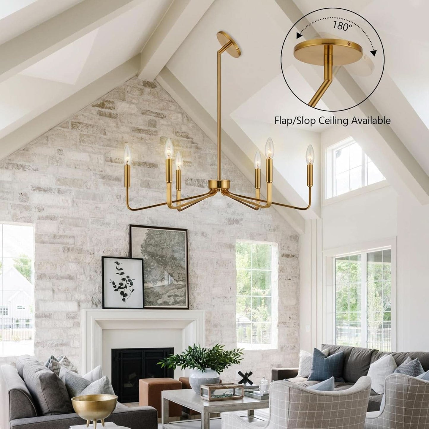 Brushed Brass Six Light Ceiling Mounted Chandelier Fixture