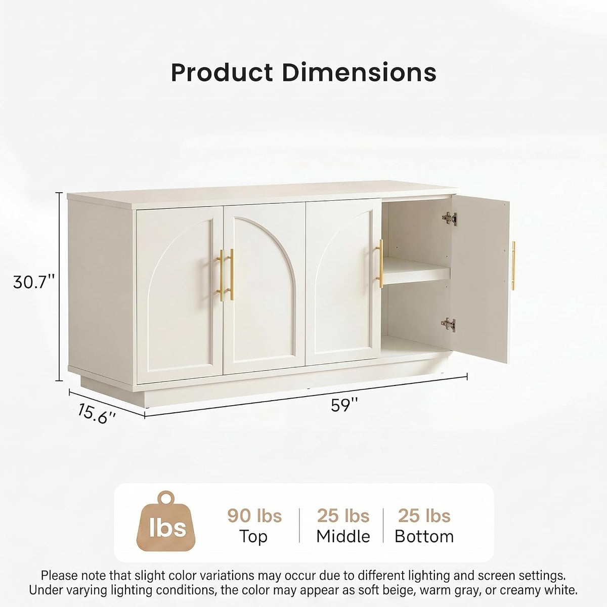59-Inch Arched Buffet Cabinet Beige Finish With Adjustable Shelves