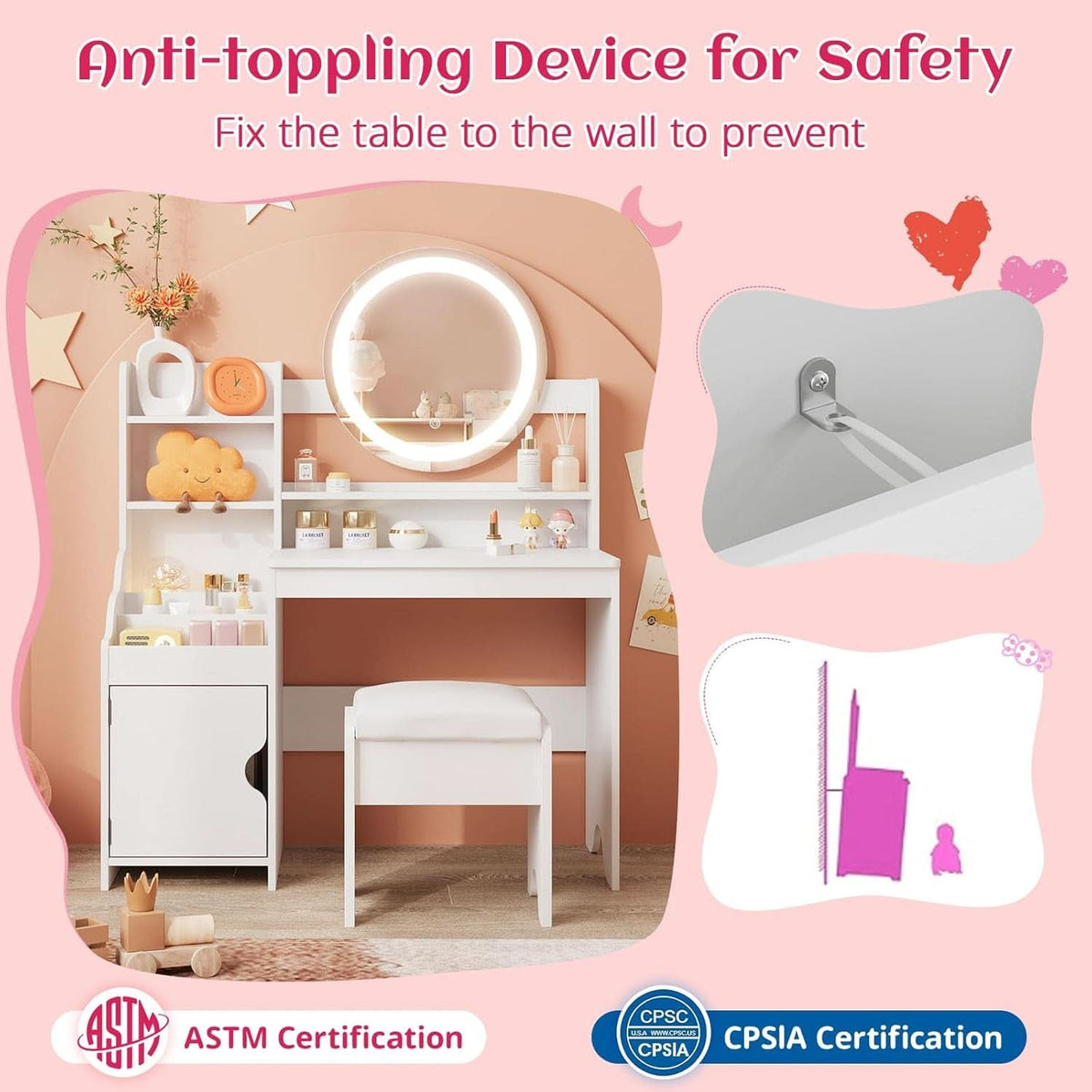 Kids Vanity Table Illuminated Ambient LED Lighting White