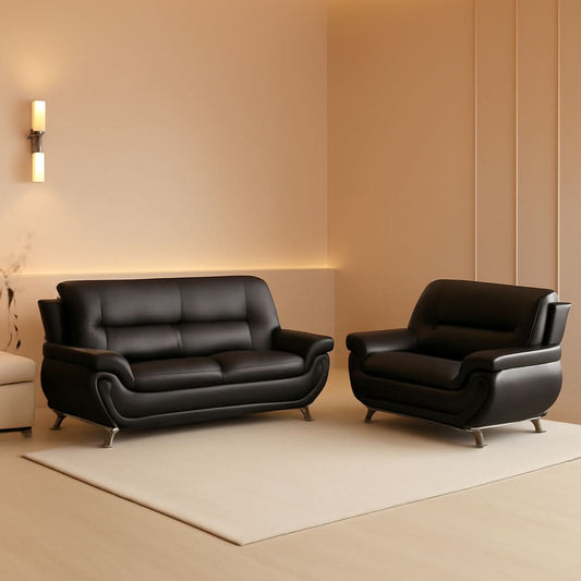 Black 5 Seat Faux Leather Sectional Sofa Set For Living Room