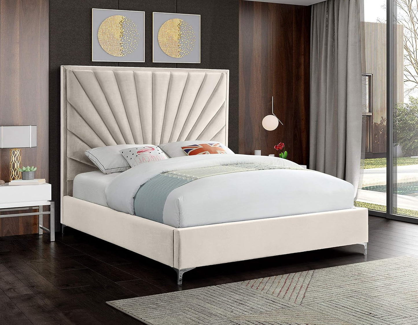 Cream Velvet Queen Platform Bed Upholstered Tufted