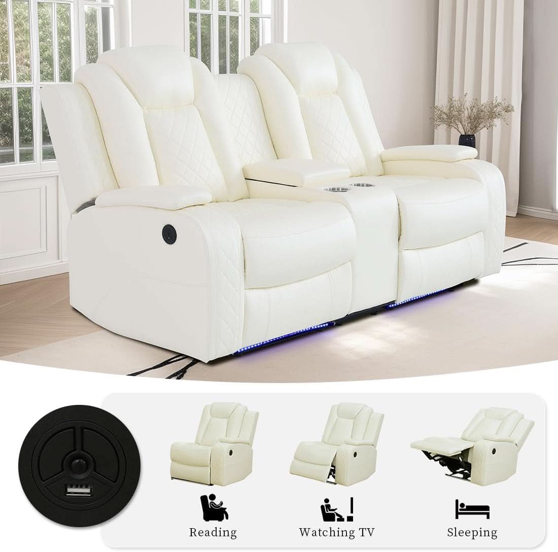 Living Room Set Leather Sofa Power Recliner Creamy White