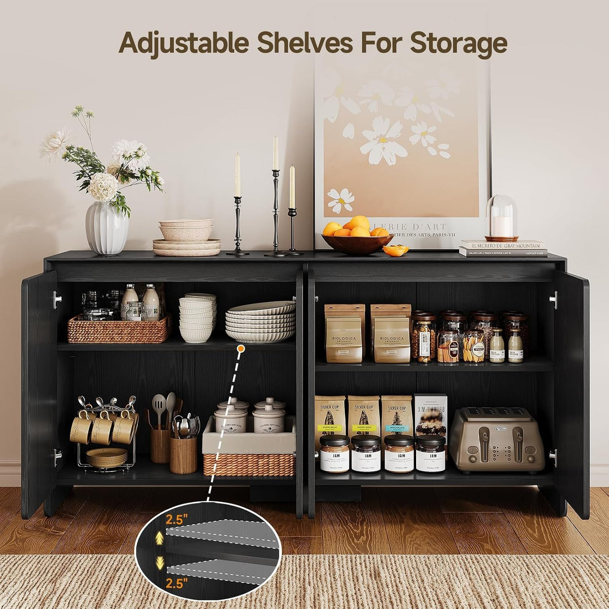 Contemporary 63 Inch Black Sideboard Buffet Cabinet