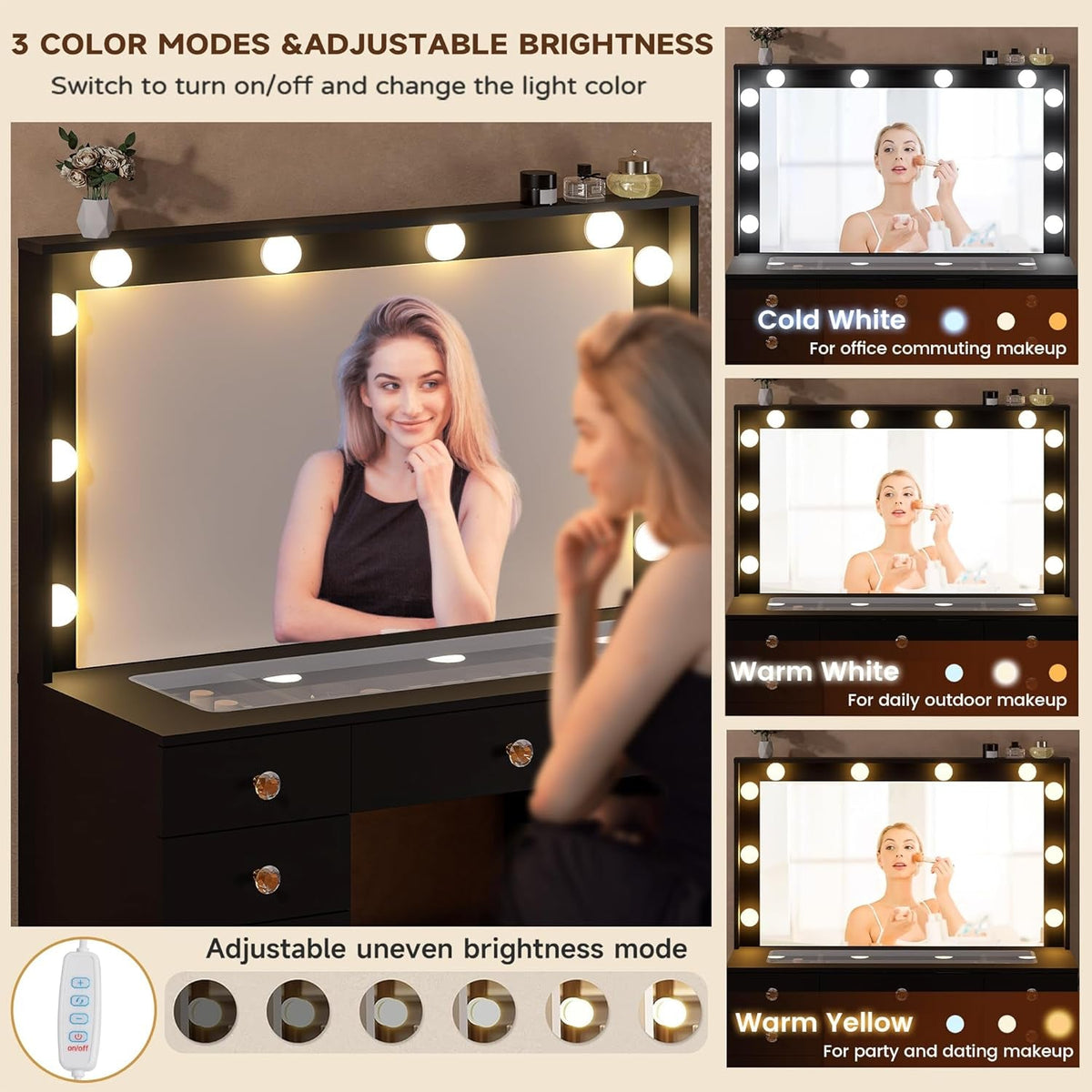 42-Inch Vanity Table Featuring Ultra LED Lighting Black
