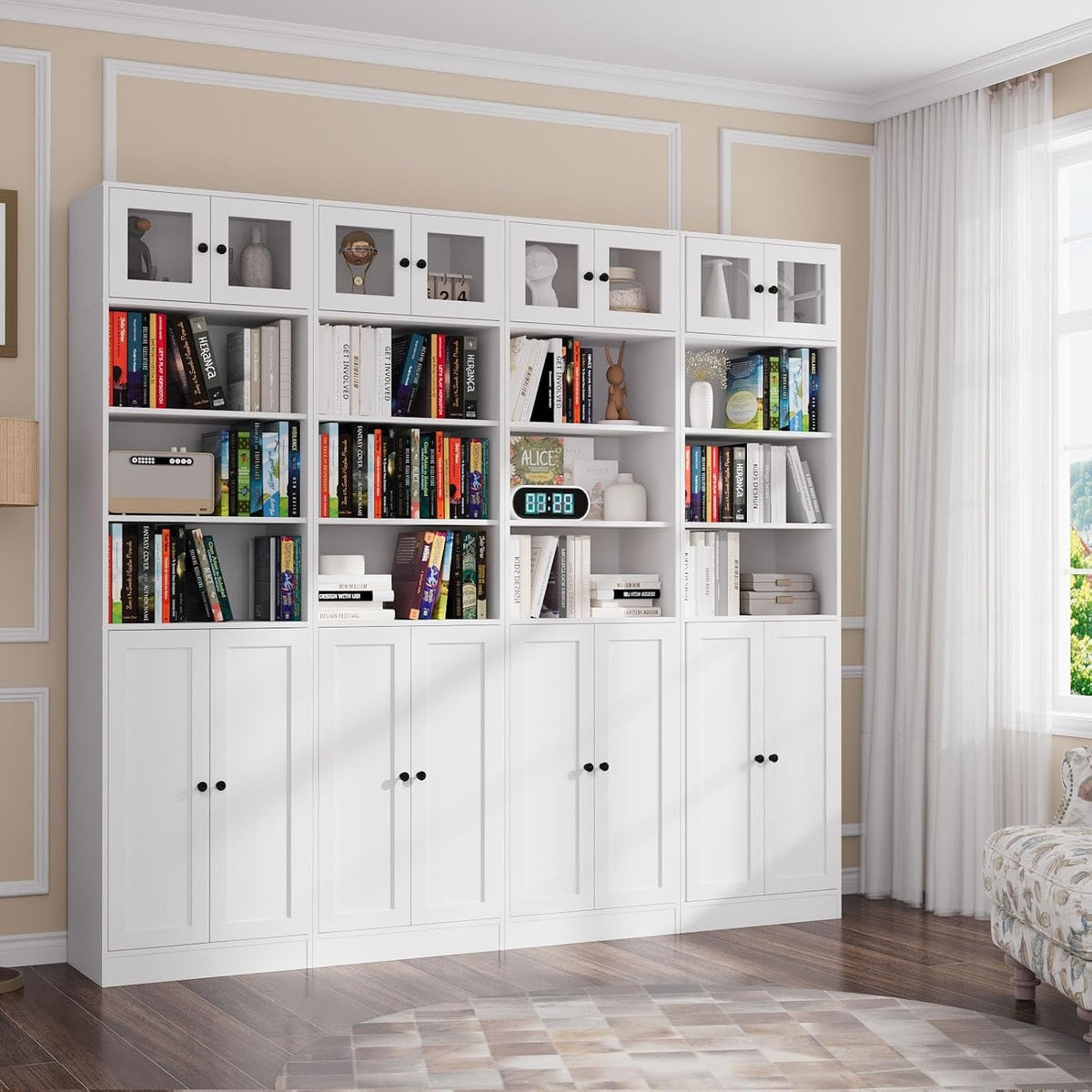 White Glass Doors Bookcase Featuring Practical Storage Design