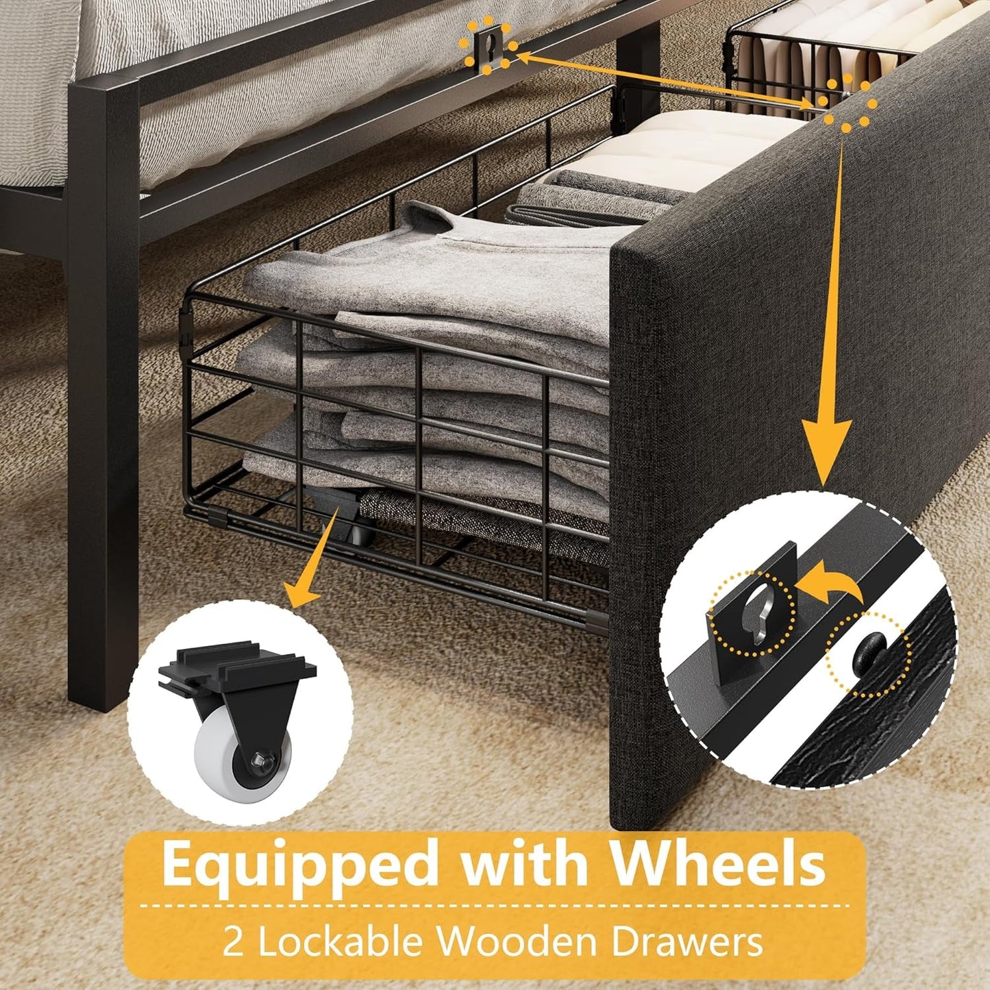Queen Upholstered Platform Bed Frame Black Drawers