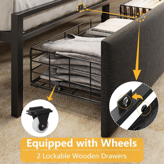 Queen Upholstered Platform Bed Frame Black Drawers