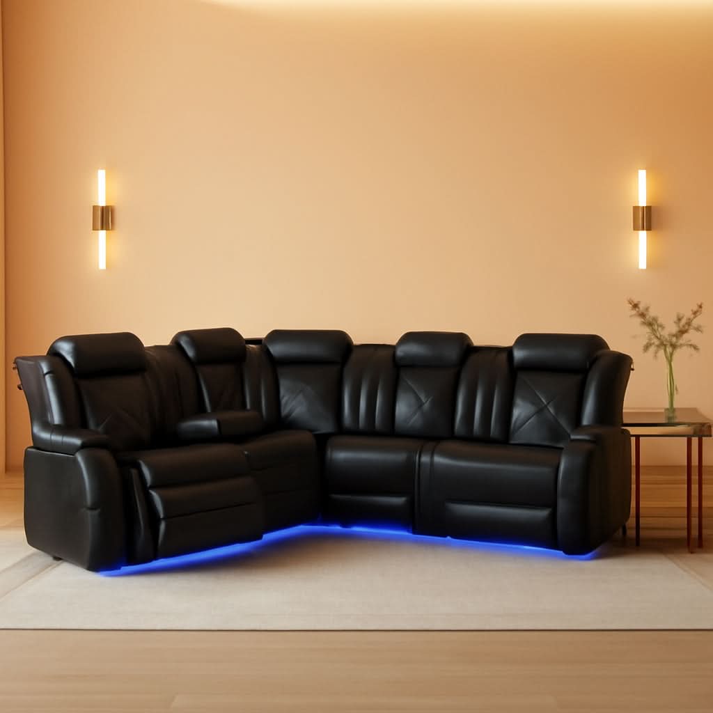 Black Leather Power Recliner Living Room Set With Cup Holders