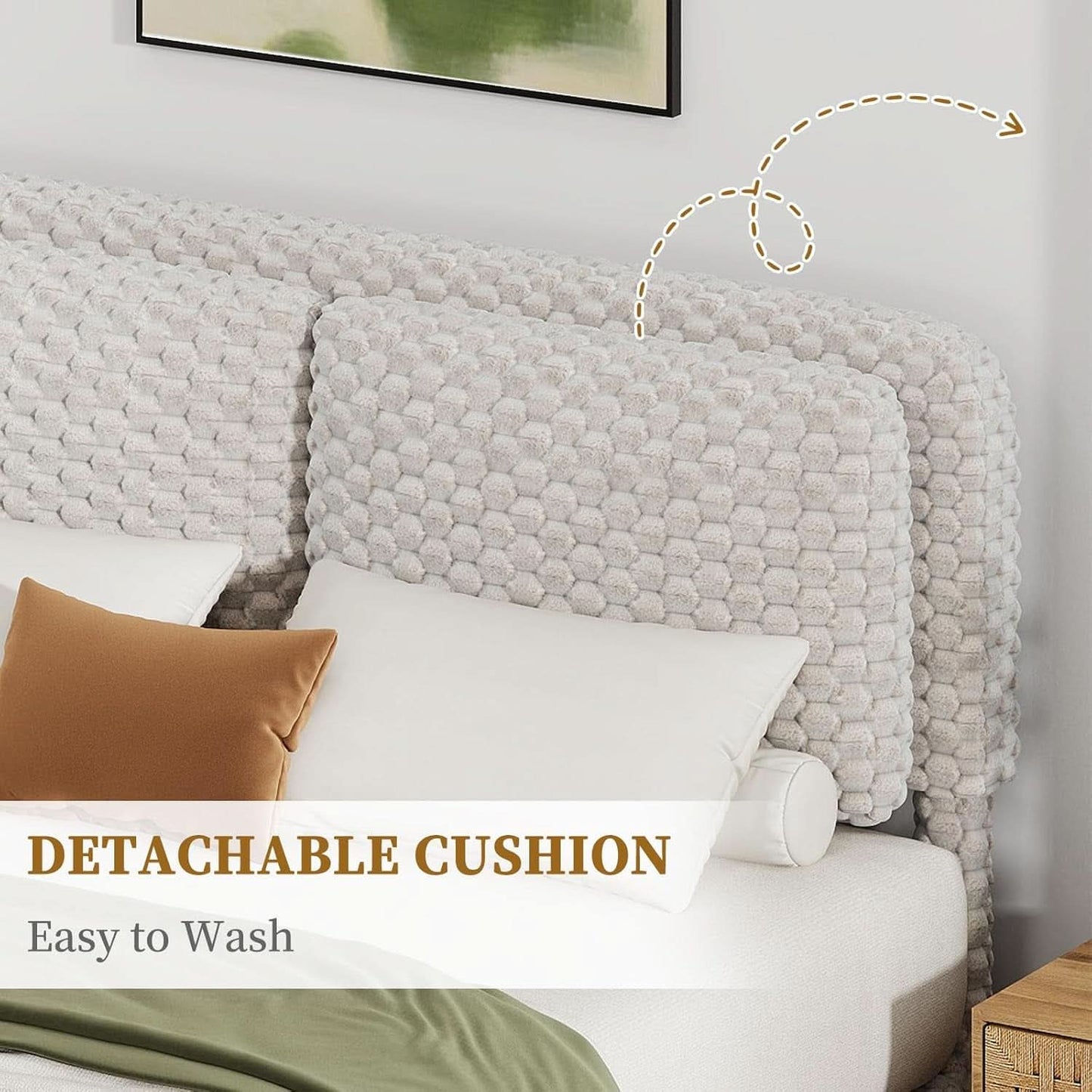 Queen Size Cream Corduroy Upholstered Platform Bed