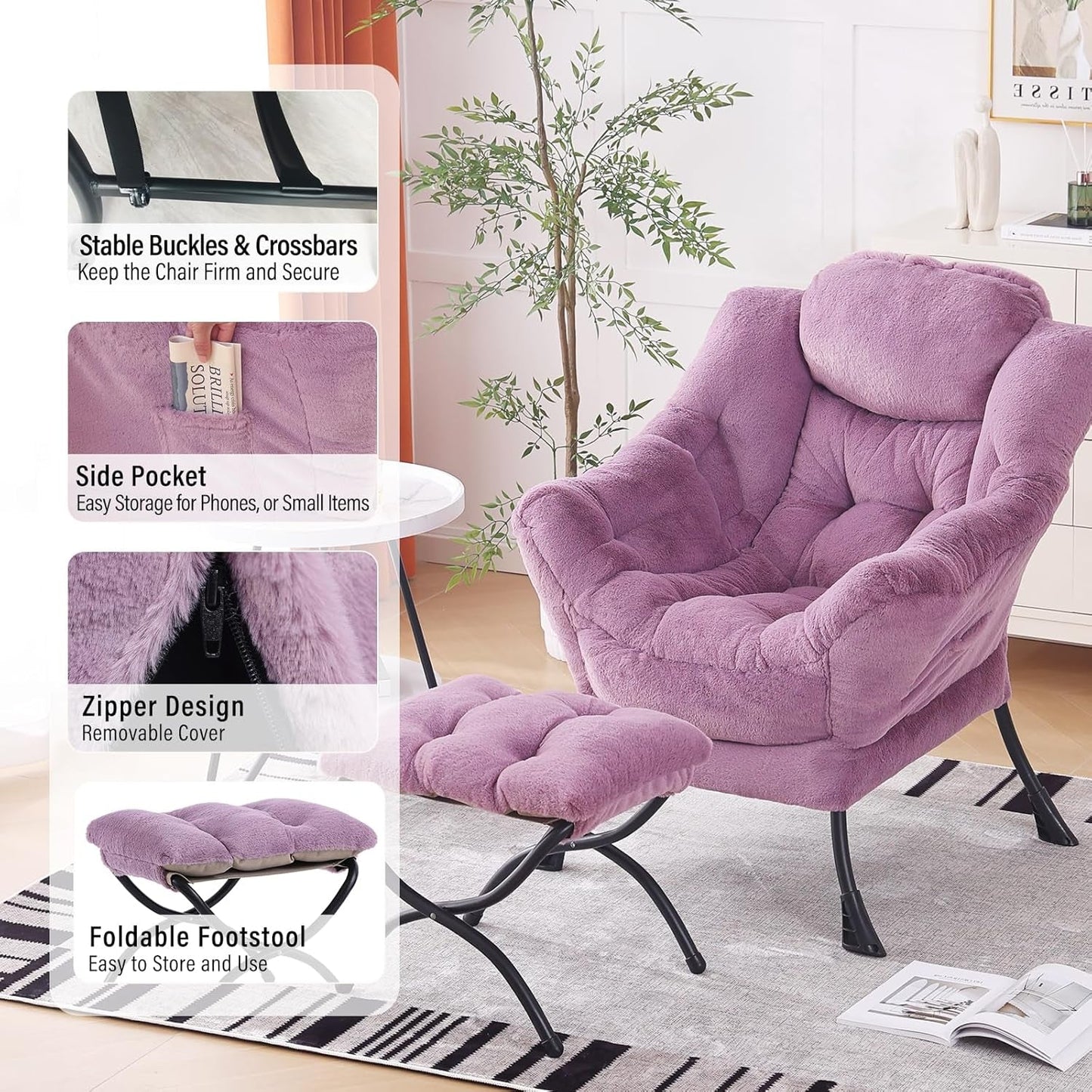 Luxurious Purple Plush Chair With Ottoman Oversized