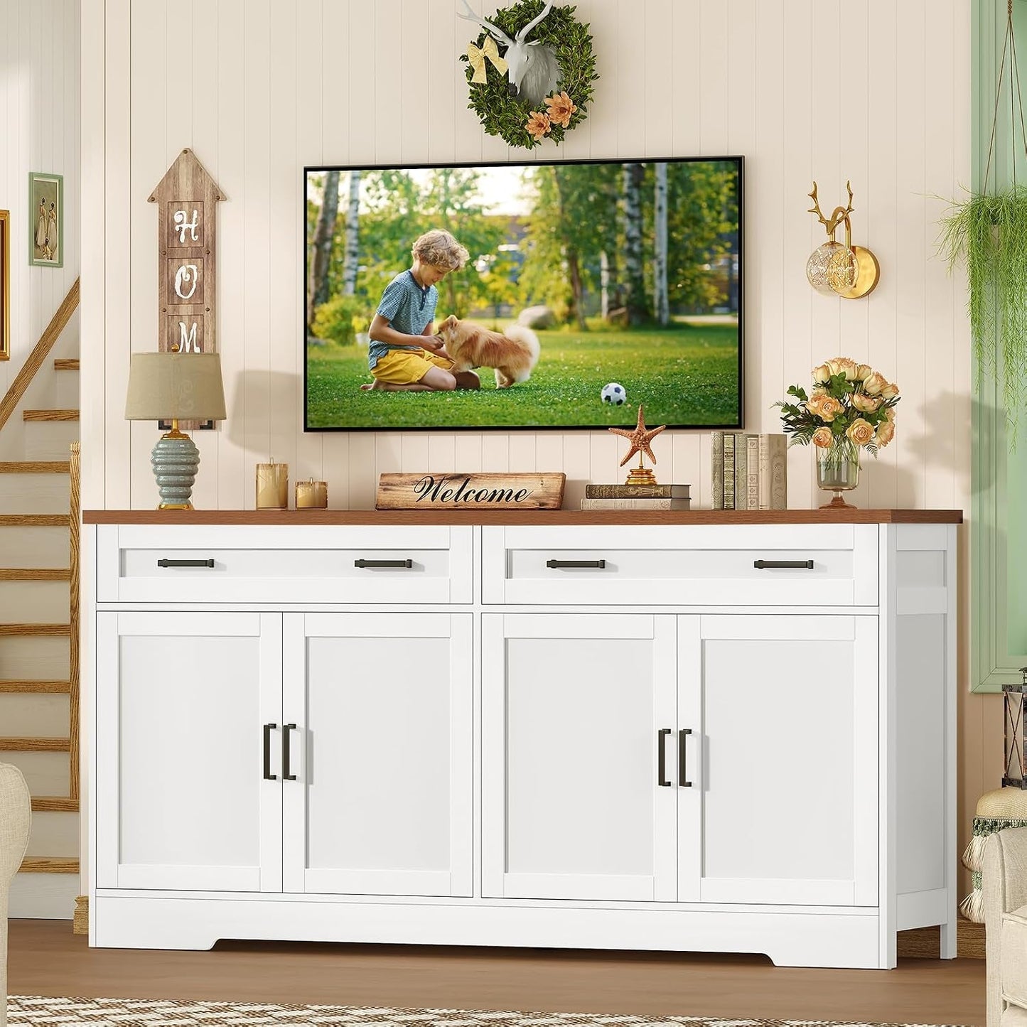 63 Inch White Contemporary Farmhouse Buffet Cabinet