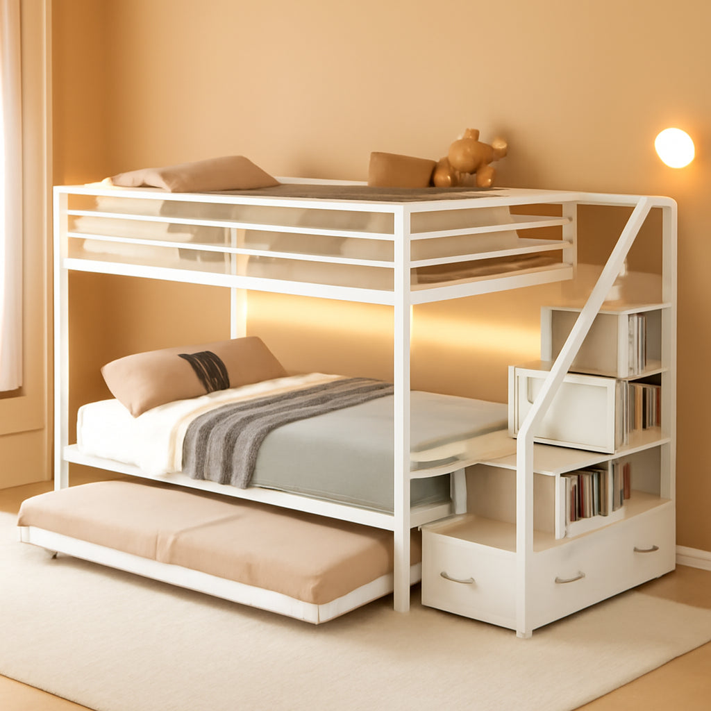 White Twin Over Twin Metal Bunk Bed Frame Trundle
