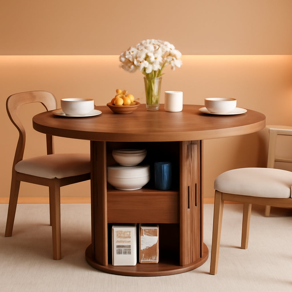 Circular Walnut Dining Table 47 Inch Storage Drawer