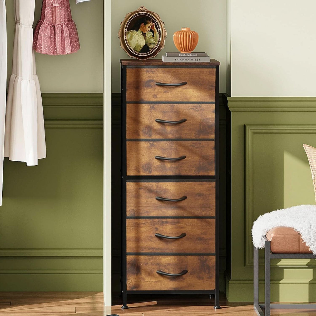 Tall Fabric Dresser With 6 Drawers And Wood Top Rustic Brown-4