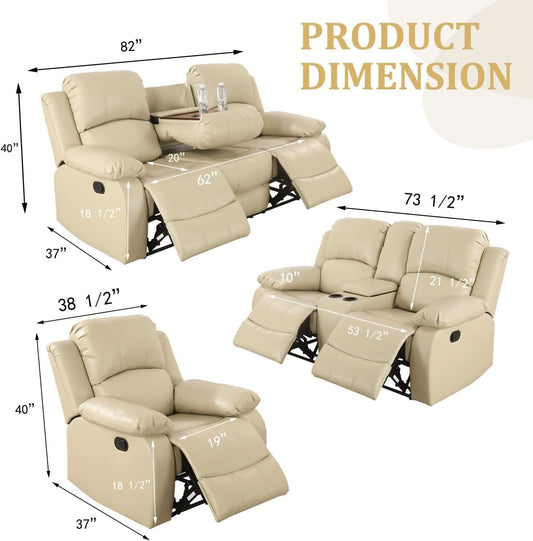 Beige Manual Leather 3 Piece Recliner Sofa Set For Living Room