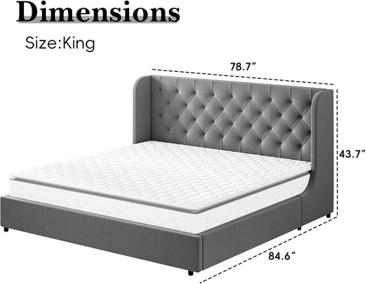 Grey VelvetLux Upholstered King Bed Frame Wing back