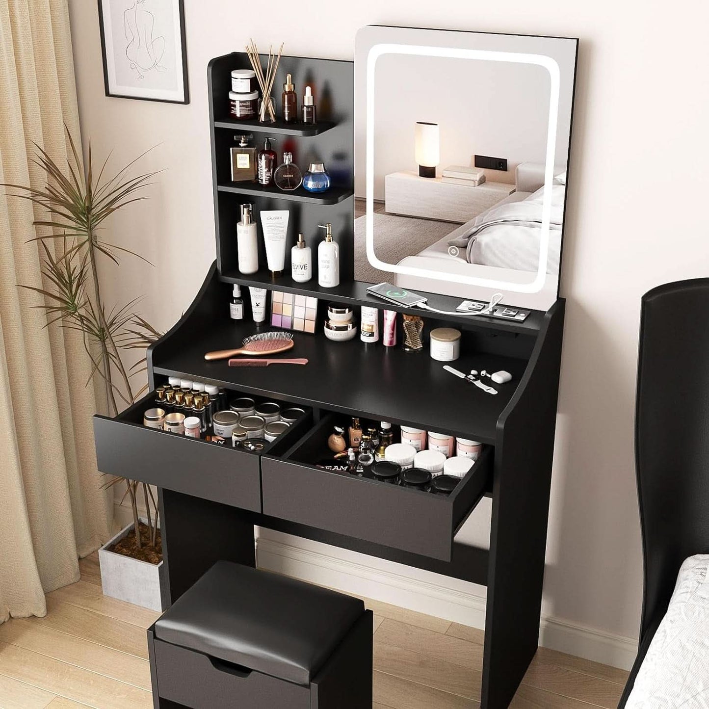 Charcoal Vanity Desk With LED Illuminated Mirror Storage