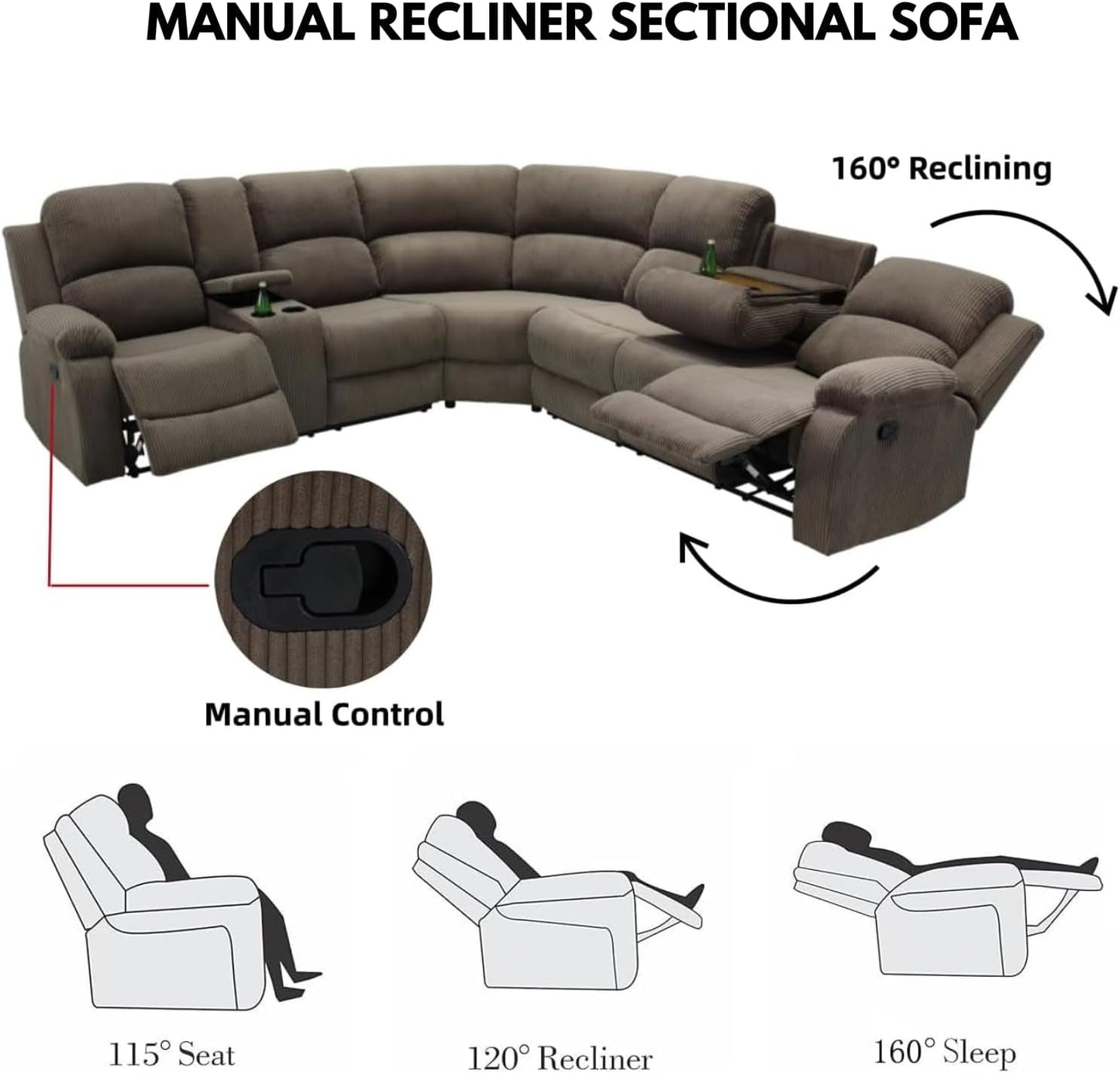 Comfortable Recliner Sectional Sofa Peanut Cup Holders