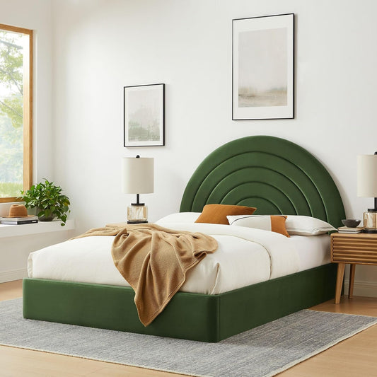 Full Sized Velvet Platform Bed Moss Green