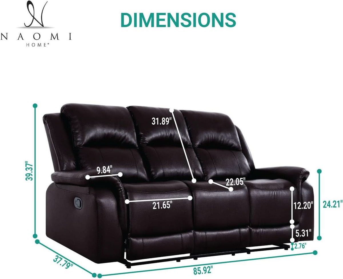 Espresso Leather Sofa Set With Manual Recliner For Living Room