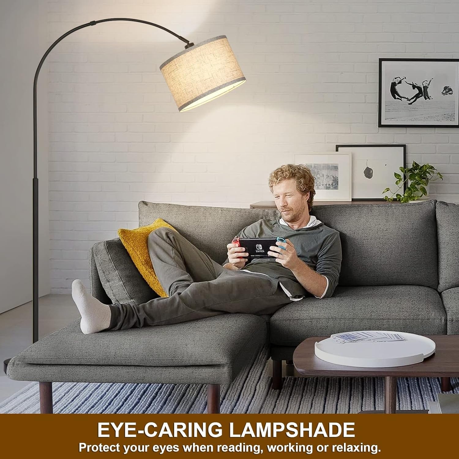 Matte Black Arc Floor Lamp With Adjustable Shade Living Room-4