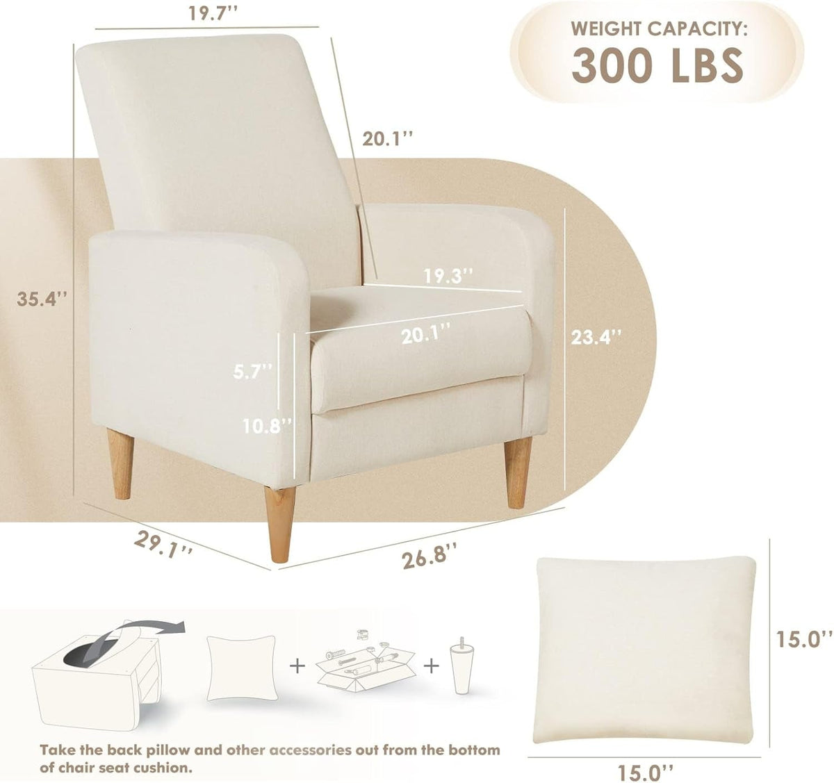 Beige Upholstered Accent Chair With Ergonomic Back