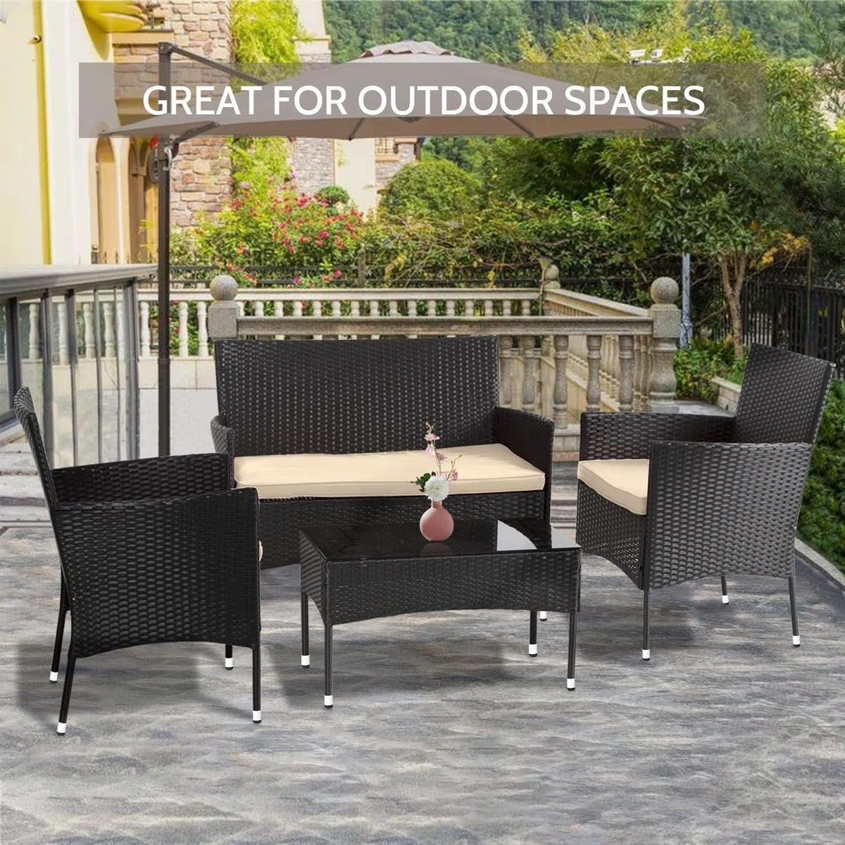 Outdoor Rattan 4 Piece Patio Furniture Conversation Set-2