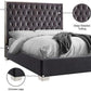 Grey Velvet Queen Bed Deep Tufted Chrome Finish Lux Leatherette