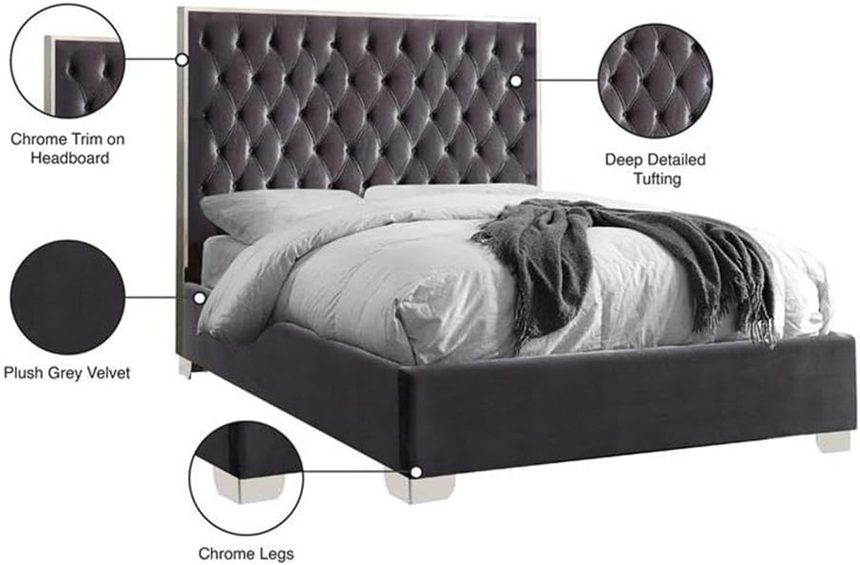 Grey Velvet Queen Bed Deep Tufted Chrome Finish Lux Leatherette