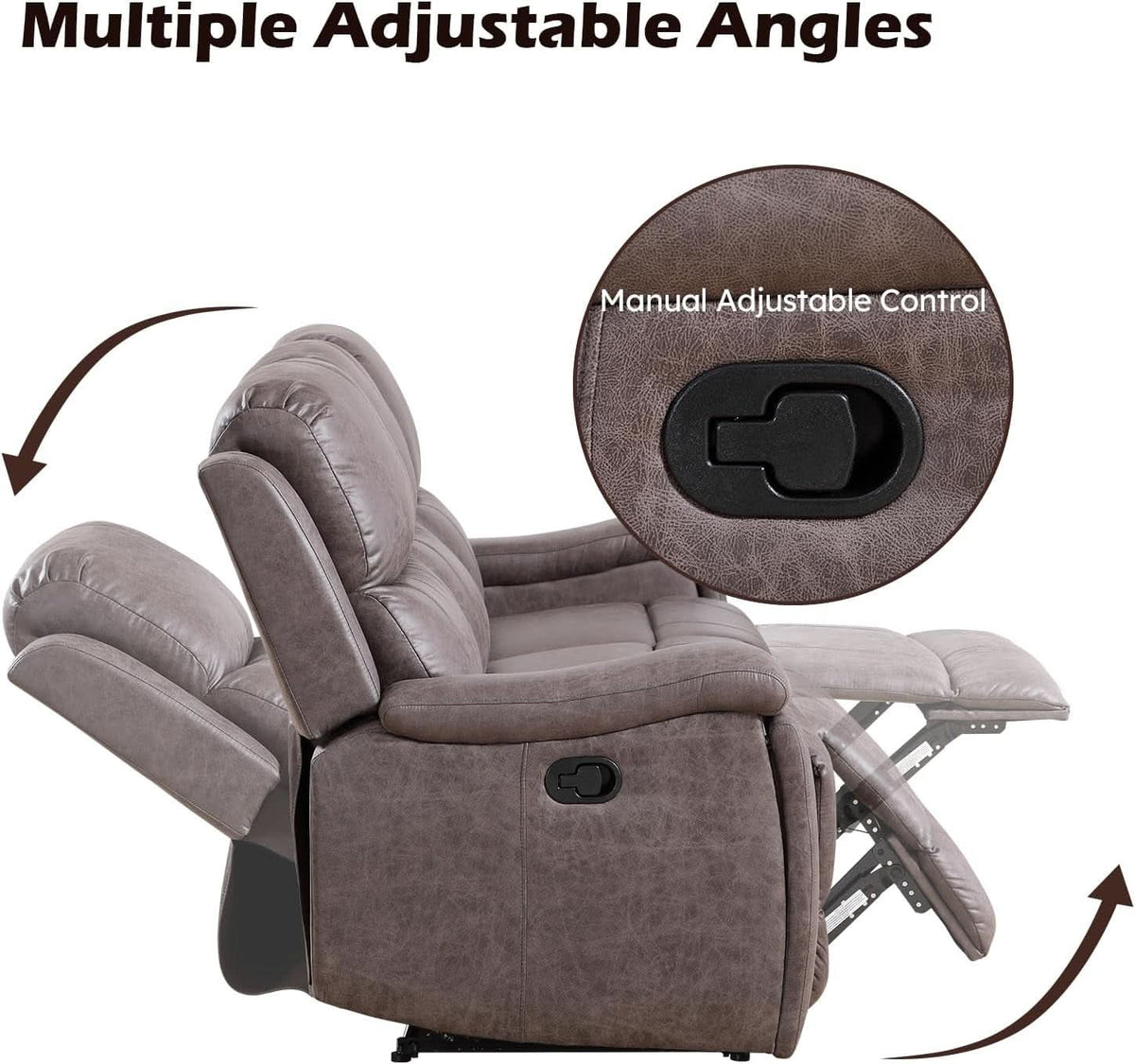 Grey Overstuffed Faux Leather Manual Recliner Sofa